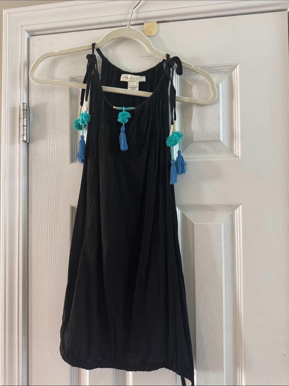 lovestitch Black top with Teal and Bright Blue Tassel Detail